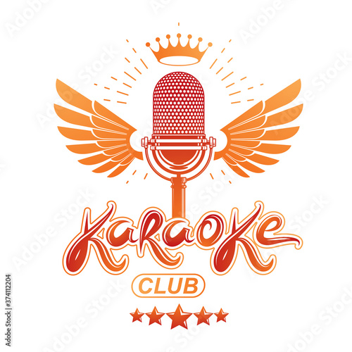 Nightclub karaoke advertising poster composed with winged stage microphone vector illustration and royal crown placed on it. Superstar performance advertising announcement.