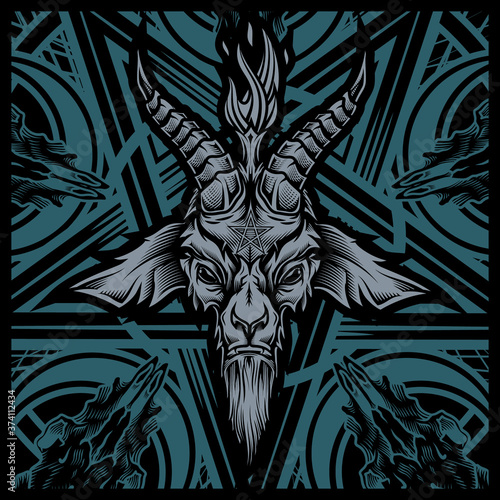 Baphomet goat head. Vector illustration in stylish engraving technique of goat head with torch light and pentagram on background. Occult symbol. 