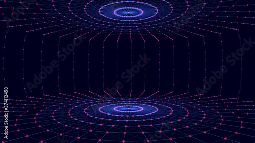 Abstract digital background of two circles with connection red dots and blue lines. Concept network connection and big data. Centric composition.