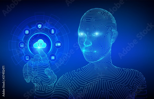 Backup Storage Data. Business data online cloud backup. Internet Technology Business concept. Online connection. Data base. Wireframed cyborg hand touching digital interface. Vector illustration.