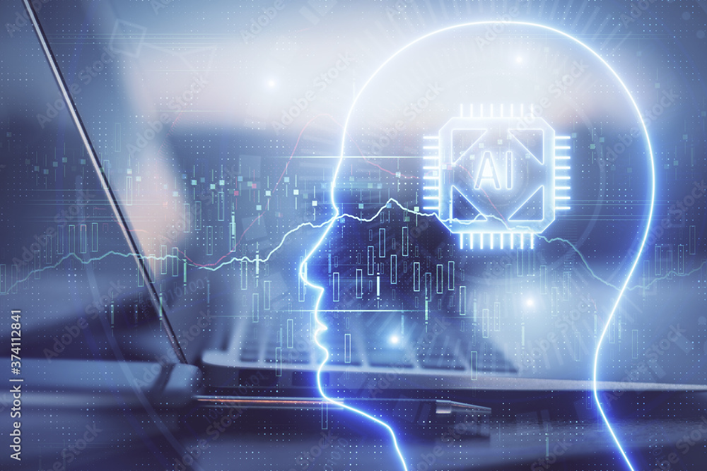Fototapeta premium Multi exposure of work table with computer and brain hologram. Brainstorm concept.