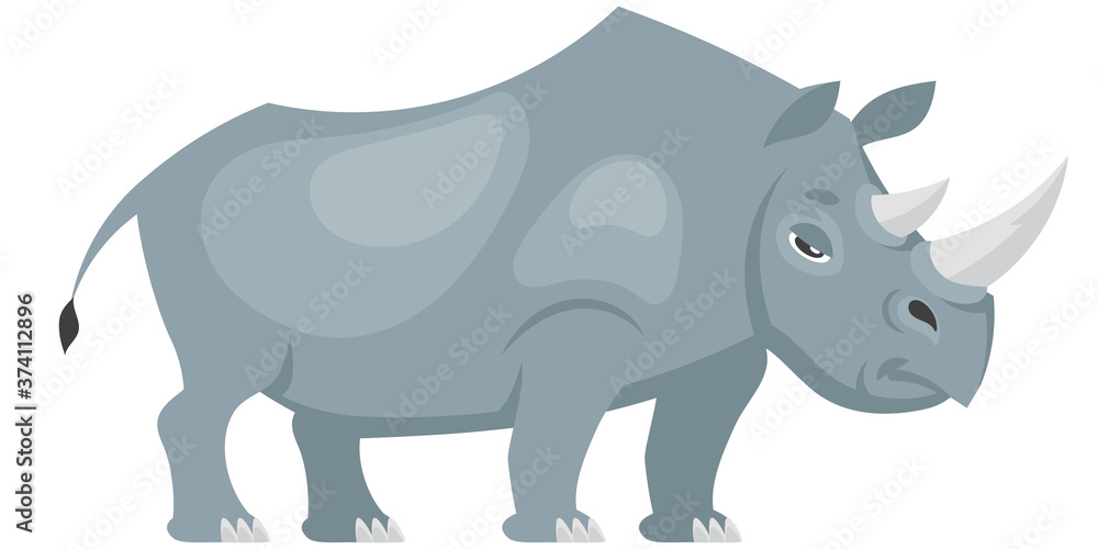 Standing rhinoceros three quarter view. African animal in cartoon style.