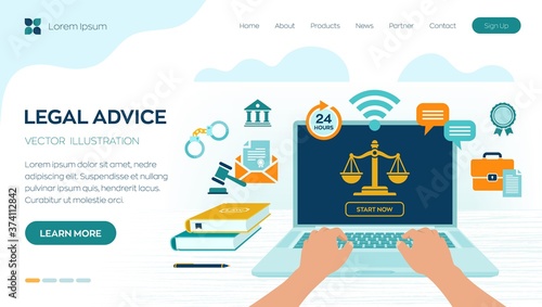 Online Legal advice concept. Labor law, Lawyer, Attorney at law. Lawyer website on laptop screen. Professional law attorney consultation online, legal assistance in business. Vector illustration.