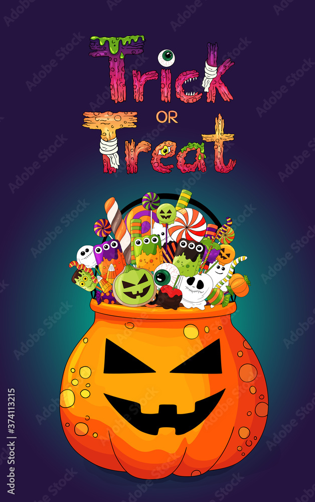Trick or treat bag of a pumpkin shape and halloween sweets. Jack O Lantern halloween treat bowl on dark background. Halloween design logo, creative liters, hand drawn cartoon style text.Party template Trick or treat bag of a pumpkin shape and halloween sweets. Jack O Lantern halloween treat bowl on dark background. Halloween design logo, creative liters, hand drawn cartoon style text.Party template