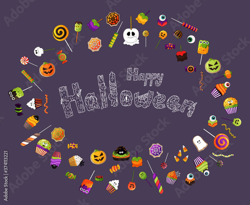 Sweets collection. Big delicious icons set. Halloween desserts, cupcakes, apples, candy corn, lollipop, cookies,caramel, spooky sweets,candy eyes, ghost, pumpkins. Halloween food icons for design. 