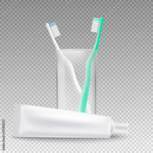Realistic mockup of toothpaste tube lying next to toothbrush holder