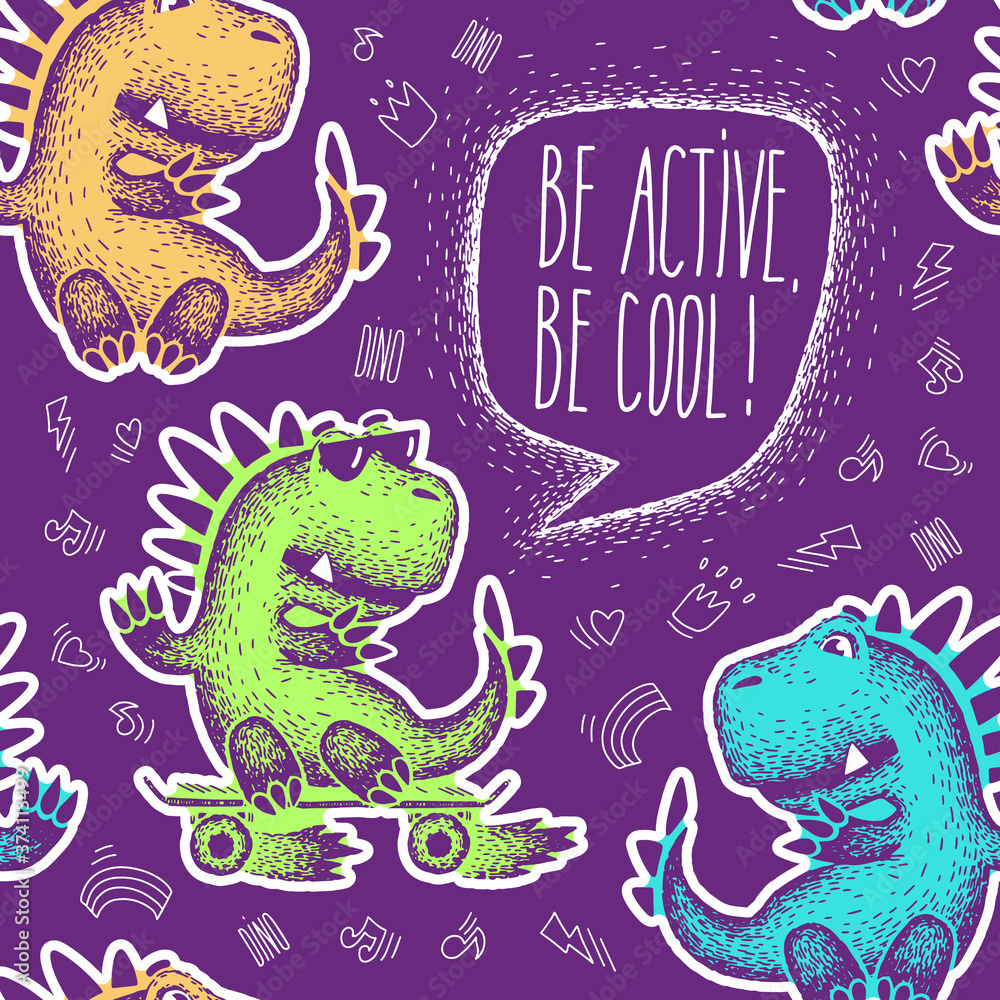 Lettering be active, be cool. animal for children clothes. Seamless pattern with cute cartoon dinosaurs. for fabric, print, textile, wrapping paper. Lettering be active, be cool. animal for children clothes. Seamless pattern with cute cartoon dinosaurs. for fabric, print, textile, wrapping paper.