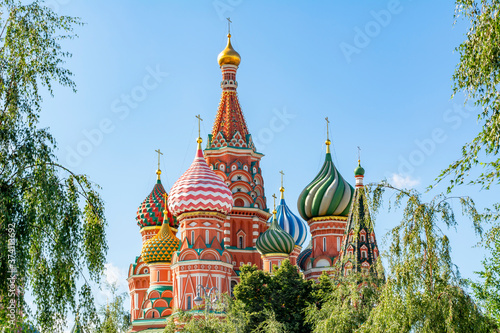Cathedral of Vasily the Blessed (Saint Basil's Cathedral) domes on Red Square, Moscow, Russia