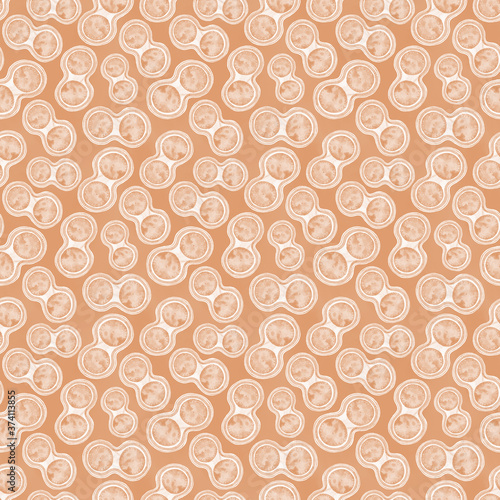 Watercolor seamless pattern with a circles in peach color palette. Abstract raster texture. Science background.
