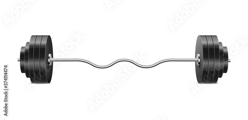 Curling bar barbell with black weight plates and curved silver profile