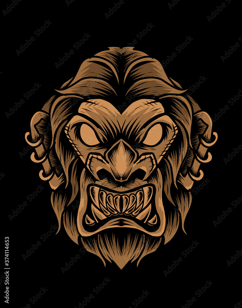 Illustration vector monkey head on black background.