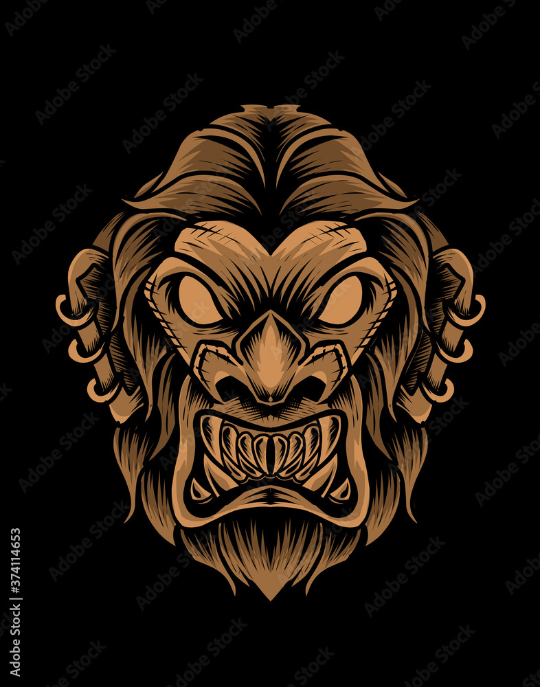 Fototapeta premium Illustration vector monkey head on black background.