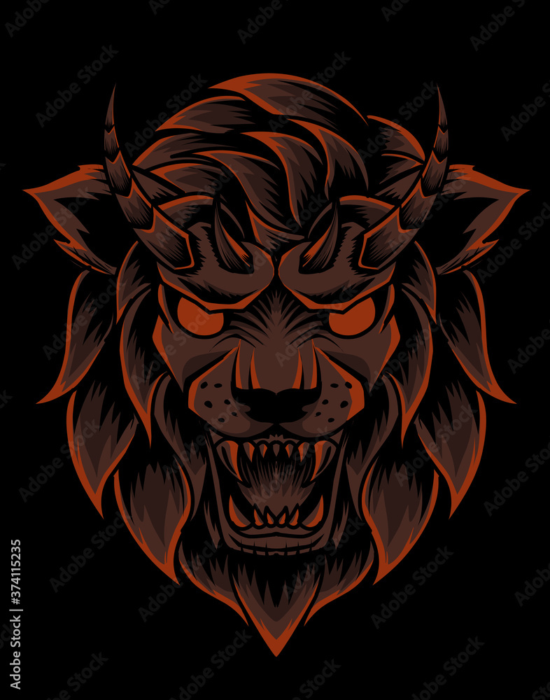 Fototapeta premium Illustration vector lion head angry face on black background.