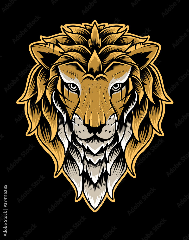 Obraz premium Isolated Lion head vector hand drawn on black background-vector illustration design.