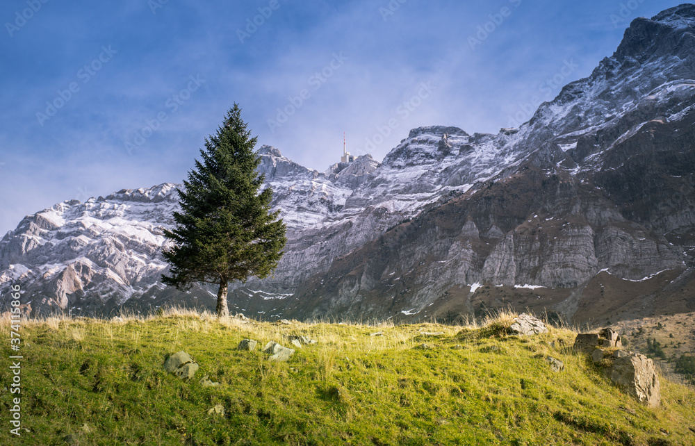 Fototapeta premium Beautiful nature landscape mountain Include Light shines and rock against sky in Appenzell Alps Urnasch Switzerland