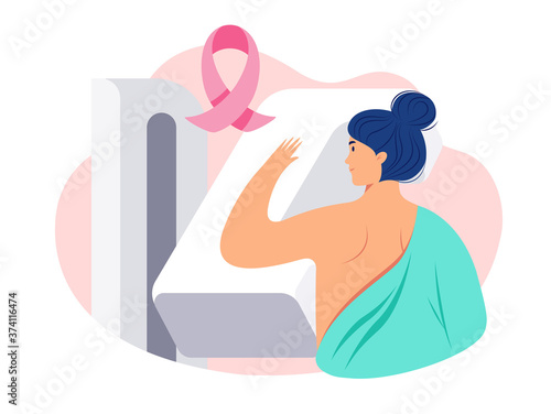  Illustration of a woman getting a breast cancer screening test / mammogram on x-ray machine in a hospital. Breast Cancer Awareness concept. Pink breast cancer ribbon, mammography machine - vector photo
