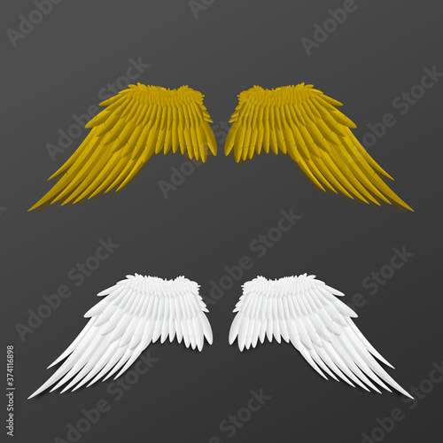 Gold and white angels or birds wings set realistic vector illustration isolated.