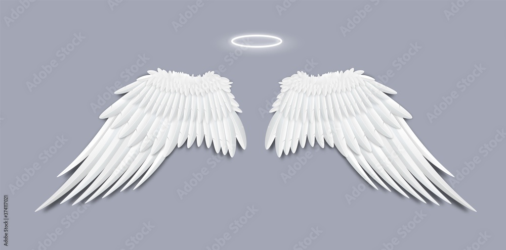 Fototapeta premium Angels white feather wings with halo, realistic vector illustration isolated.