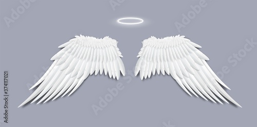 Angels white feather wings with halo, realistic vector illustration isolated.