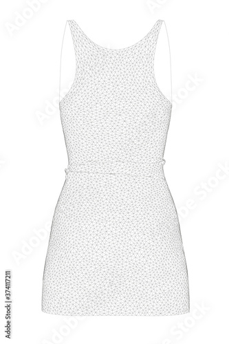 Woreframe of a fitted short dress made of black lines on a white background. Back view. 3D. Vector illustration