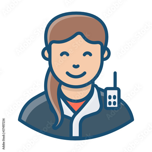 
Female cop having walkie talkie, constable icon design 
