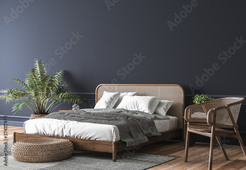 Dark bedroom interior mockup, wooden rattan bed on empty dark wall background, Scandinavian style, 3d render