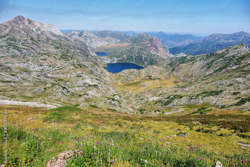 Views of Saliencia lakes in Somiedo natural park on the way to Calabazosa peak, Spain