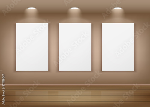 Posters or pictures on wall in art gallery, realistic vector illustration. T