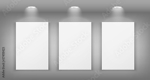 Realistic illustration of the gallery wall with lighting and three empty frames.