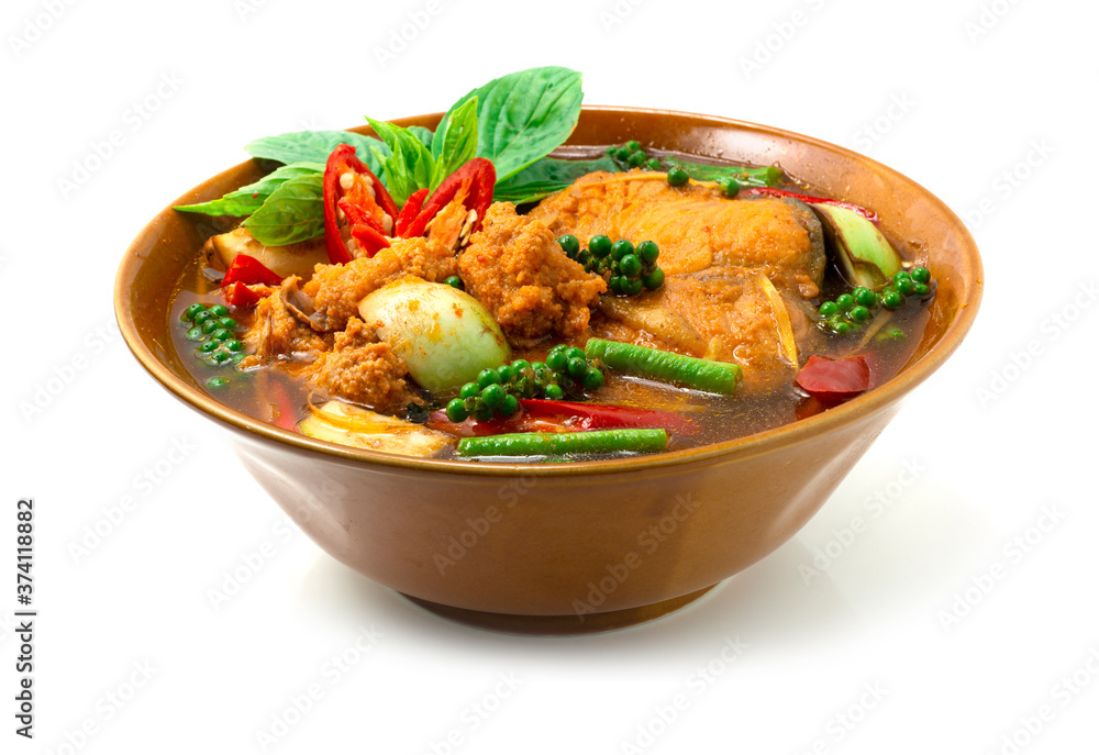 Red Curry Pangasius Fish Spicy Soup (Striped Catfish) with Herbs Thai Food Red Curry Pangasius Fish Spicy Soup (Striped Catfish) with Herbs Thai Food