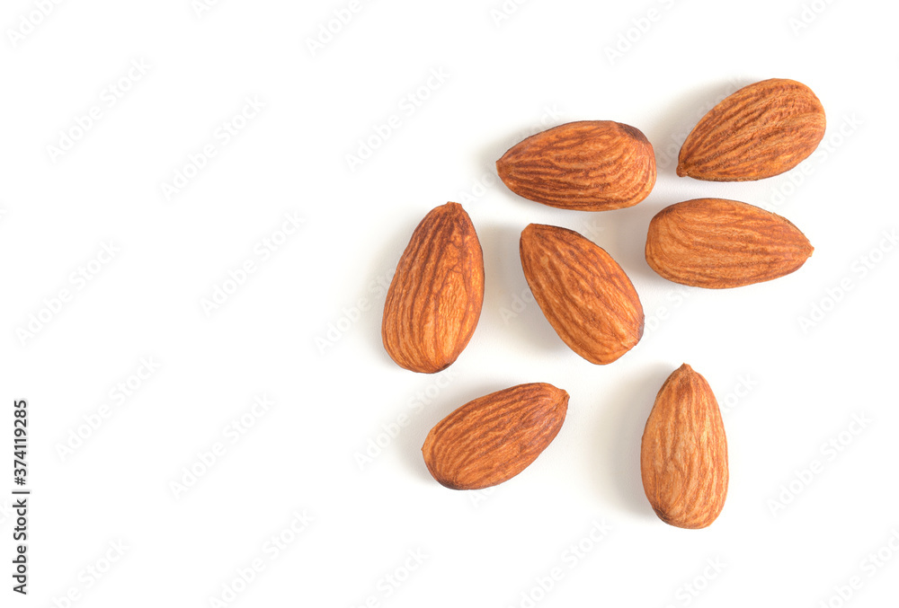 Almonds isolated on white background,Top view,copy space. Almonds isolated on white background,Top view,copy space.