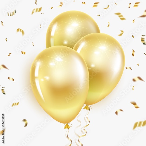 Festive golden balloons with streamer and confetti. Layout for birthday, Christmas, anniversary, sale. On a light background. Vector illustration