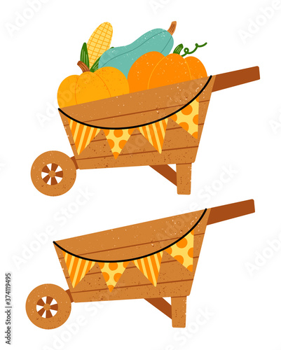 Flat vector illustration of a cartoon autumn harvest wheelbarrow with vegetables. A wheelbarrow with pumpkins and corn. Empty wheelbarrow.