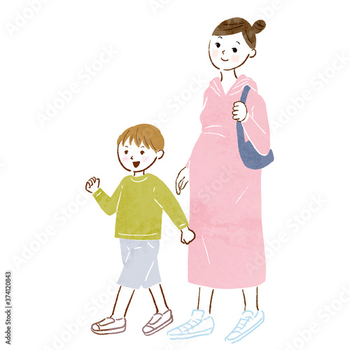 Illustration of pregnant woman and child walking