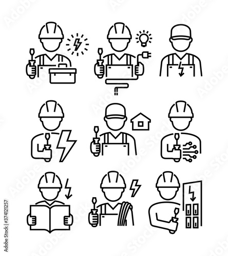Electrician Technician Engineer Avatar Vector Line Icons Set