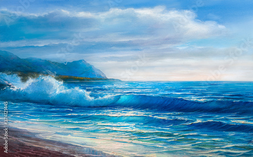Painting seascape. Sea blue wave.
