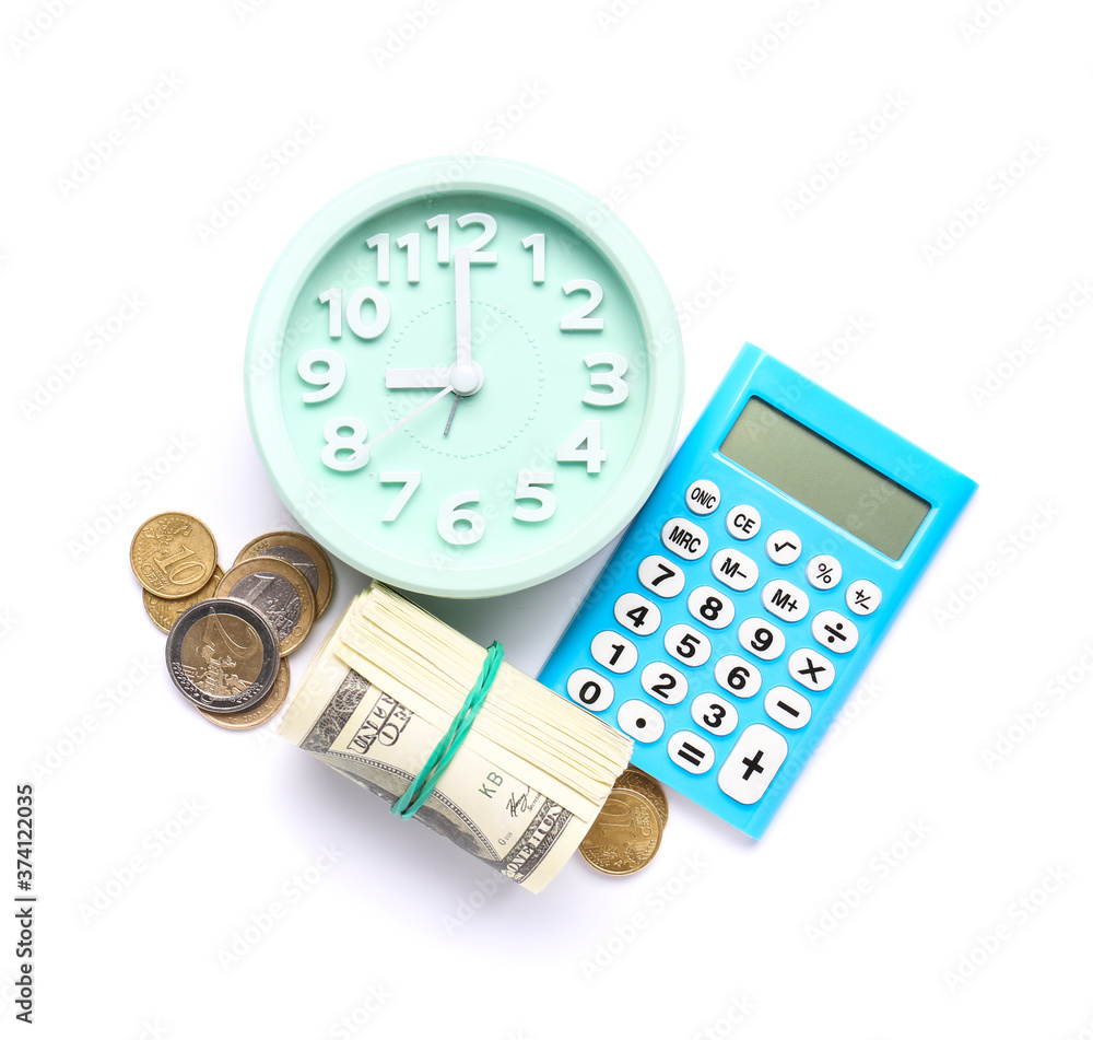 Alarm clock with calculator and money on white background Alarm clock with calculator and money on white background