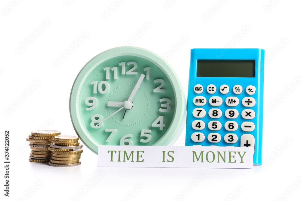 Alarm clock with calculator and money on white background Alarm clock with calculator and money on white background