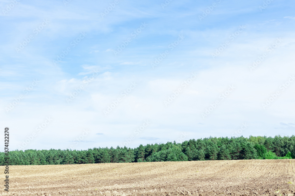 Agricultural plowed field with blue sky