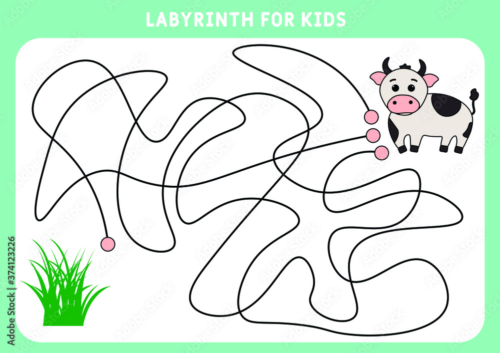 Obraz premium An educational maze game for preschool children. Help the bull find his way to the grass. Worksheet. Labyrinth for children. Vector illustration of a labyrinth, labyrinth with entrance and exit.