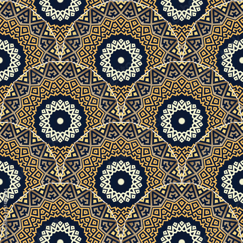 Deco greek tiled mandalas seamless pattern. Vector ornamental ethnic style floral background. Repeat patterned tribal backdrop. Ancient greek key, meanders ornament. Geometric ornate modern design