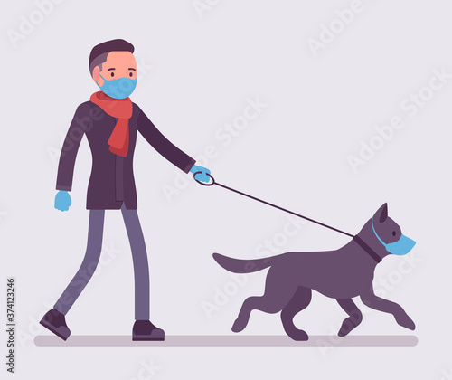 Man walking with dog under quarantine wearing mask, gloves. Pet owner taking puppy for walk, following infection protection measures and restrictions from virus. Vector flat style cartoon illustration