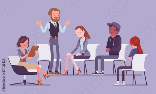 Support group meeting, social unity working interaction. Diverse people sharing common life problems, participants talking in collaboration for discussion. Vector flat style cartoon illustration