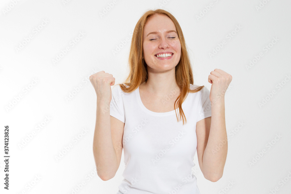 Portrait of beautiful young woman success white background Portrait of beautiful young woman success white background