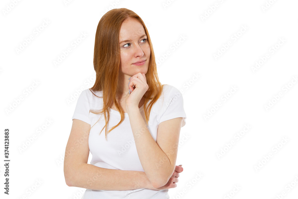 Portrait of a smiling thinking woman looking away - isolated on white Portrait of a smiling thinking woman looking away - isolated on white