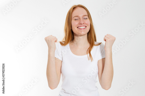 Wallpaper Mural Portrait of beautiful young woman success white background Torontodigital.ca