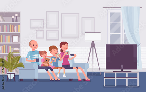 Family sitting watching together TV at home. Happy parents and children spending free time, weekends or evening in cozy room, relaxing in front of tv set screen. Vector flat style cartoon illustration