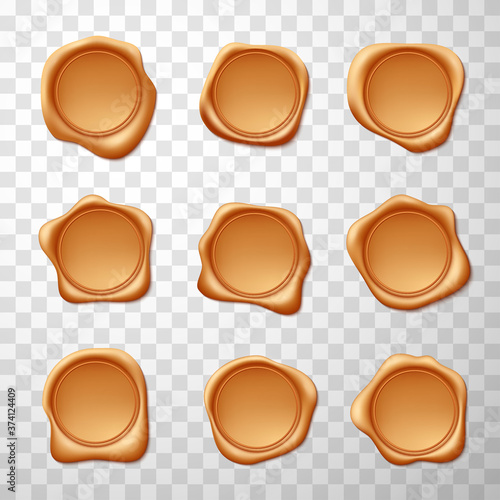 Wax seals in bronze color samples, templates set. Copy space. Round empty postal stamps.
