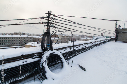 Rooftop of industrial building covered with snow in Saint Petersburg