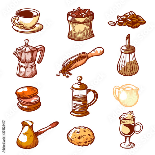 Coffee beans in bag, spatula, heap, kitchenware, baking, sweets, milk for brewing, drinking.